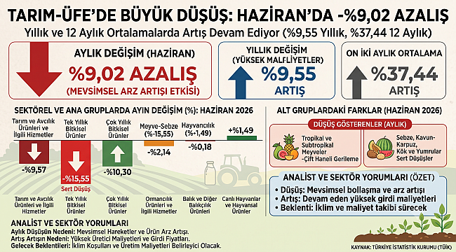 Tarım-ÜFE Haziran 2026: Yıllık artış sürerken aylık düşüş hızlandı 